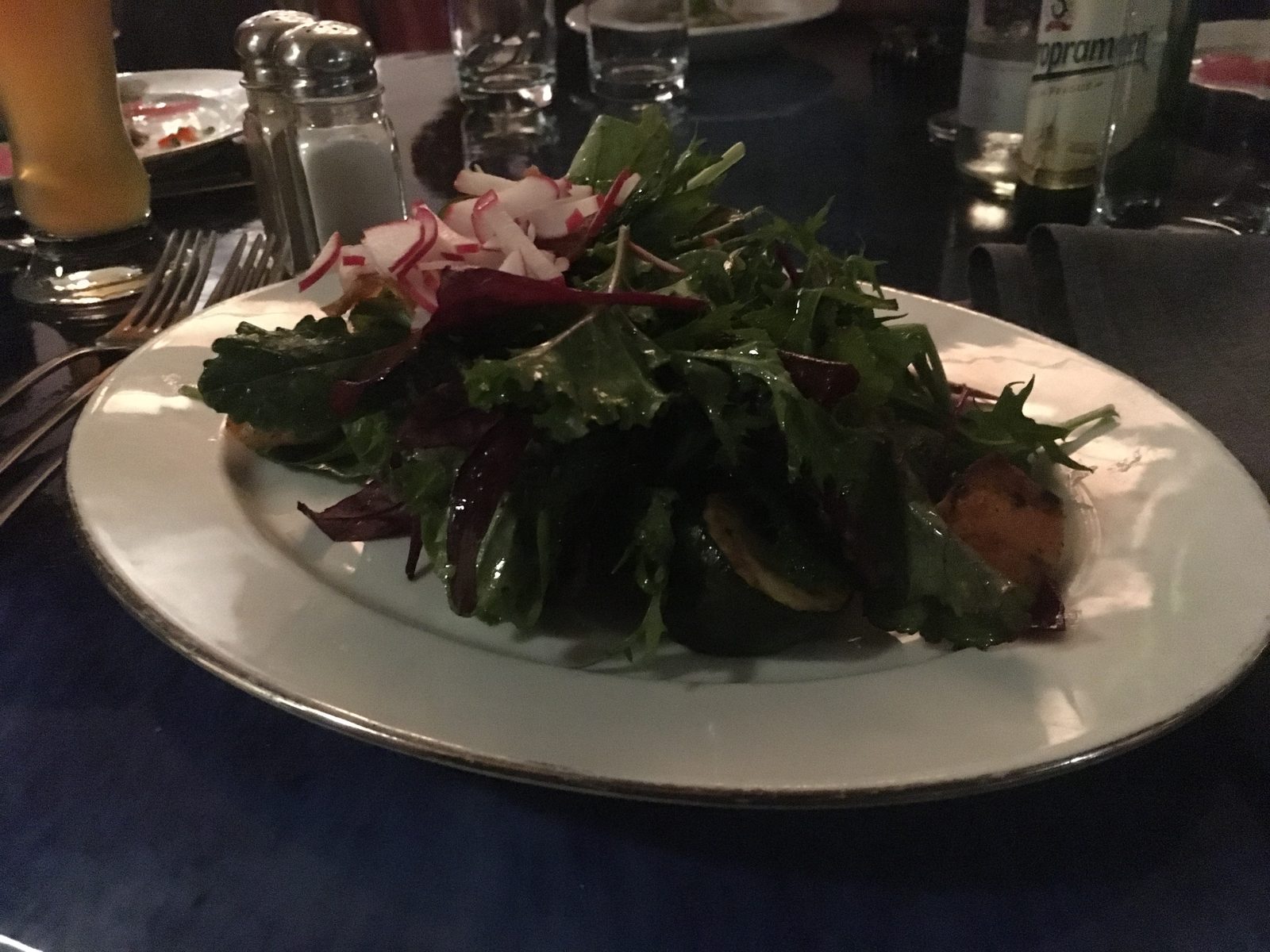 Salat Brüdigams - Raz el Hanout-Geflügelspieß,
gebratenen Lachswürfeln und mariniertem Gemüse